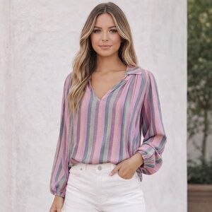 Self Contrast Striped Blouse Top Pink Purple Green Boho Size Small